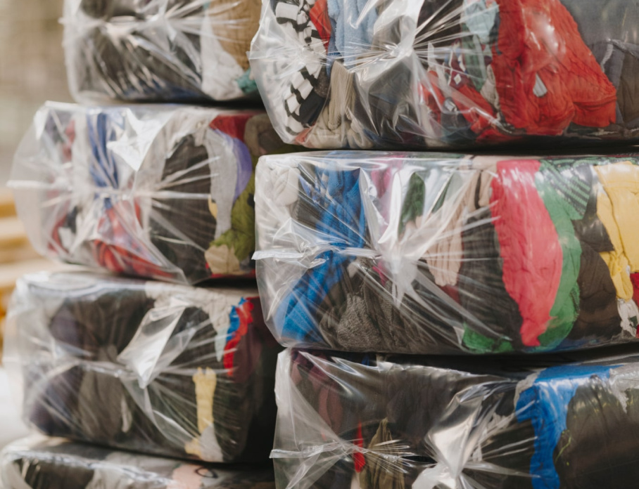 Gros plan sur des ballots de vêtements compressés et emballés dans du plastique transparent. Les textiles sont de différentes couleurs et textures. En arrière-plan, un environnement industriel flou avec une personne visible.