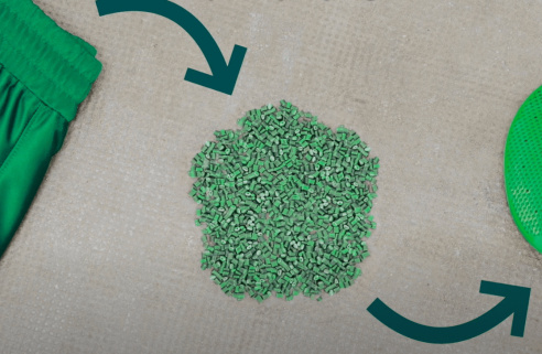 Illustration du recyclage textile : un short vert transformé en granulés de plastique, ensuite réutilisés pour fabriquer une raquette de ping-pong.