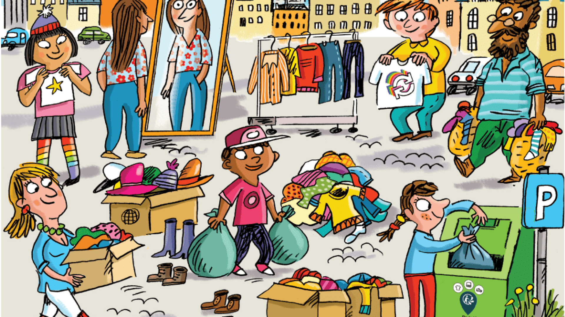Illustration du tri et de la deuxième vie des textiles et chaussures